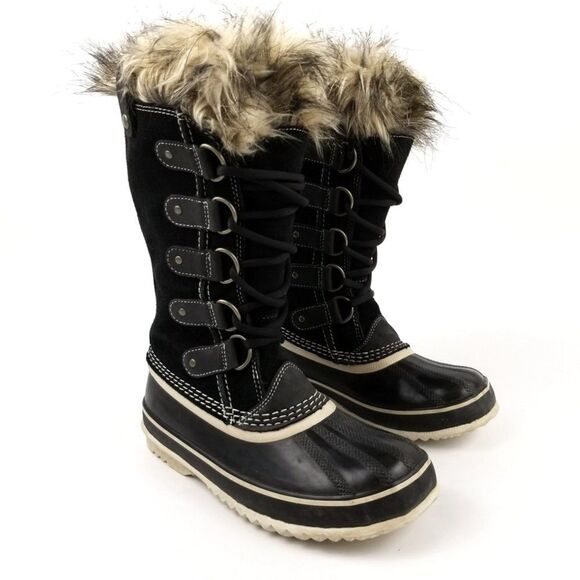 SOREL Joan of Arctic Black Fur Winter Waterproof Snow Duck Knee Boots Gorpcore 8 - Picture 1 of 9